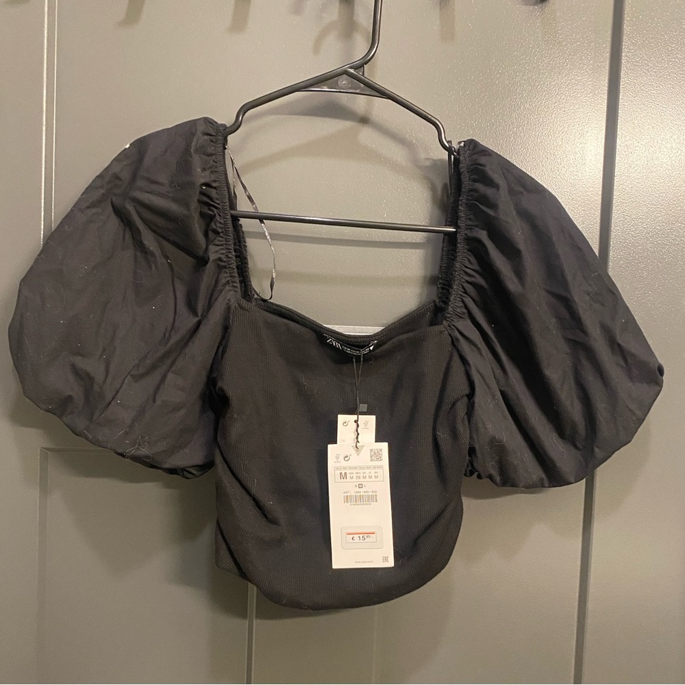 Zara Black Crop Top with Puffy Sleeves - Size M (New with Tags)